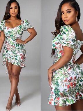 Floral Puff-Sleeve Midi Dress in White and Green